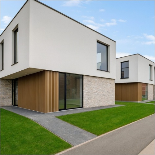 Moderne gevel met composiet Rhombus Teak – strak lijnenspel